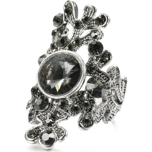 Wbmqda 2020 New Fashion Boho Grey Crystal Ring For Women Antique Silver Color Bright Black Crystal Vintage Wedding Ring