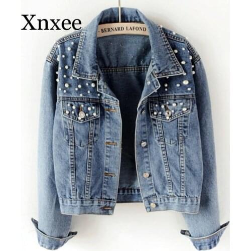 Pearl Beading Short Denim Jackets Women Wash Long Sleeve Vintage Casual Jean Jacket Denim Coat Women Jeans Coat Plus Size 5xl