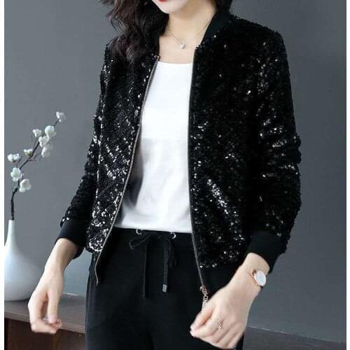 Women 2021 Spring Autumn Fashion Sequined Short Coats Female Loose Baseball Jackets Ladies Long Sleeve Casual Overcoats W228