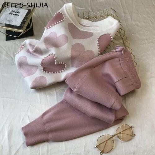 Pink Knitted 2 Piece Sets Woman Pearl O-neck Knitting Sweater + High Waisted Pants Woman Autumn Luxury Pant Sets Female