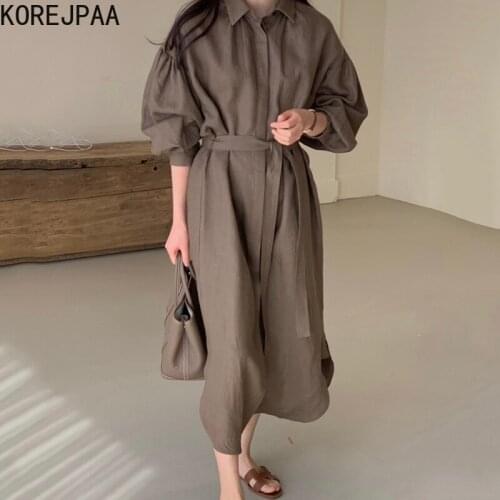 Korejpaa Woman Dress 2021 Korean Fashion Chic Autumn Simple Lapel Single-breasted Casual Loose Lantern Sleeve Long Shirt Vestido