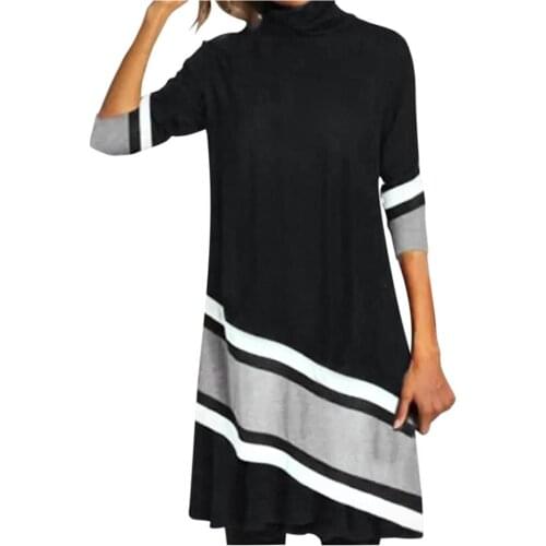 Autumn Winter Womens Long Sleeve Turtleneck Loose Mini Dress Elegant Casual T shirt Dress Plus Size Vintage Warm Print Dresses