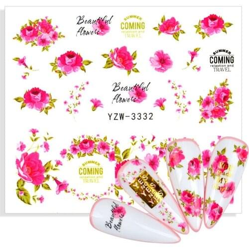 1 Sheet Rose Red Blooming Flowers Nail Water Decals Geometry Line Ripple French Nail Stickers Manicuring Foils Wraps