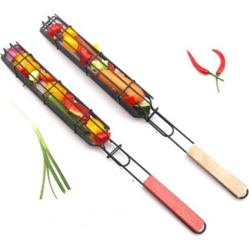 2Pcs Kabob BBQ Grilling Basket Stainless Steel Nonstick Barbecue Portable Charcoal Rotisserie Vegetable Maker Reusable Baskets