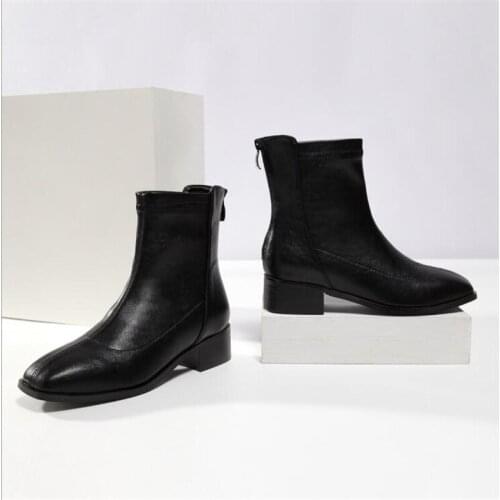 2020 Fashion Short Boots Comfortable Running Volume Flat Black PU Leather Boots Size 35-42
