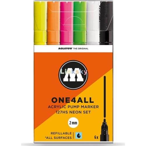 Molotow One4All Acrylic Markers Neon 2mm,6 Color Set,for Rough Surfaces Like Stone,concrete, Leather, Tile, Wood, Glass, Plastic