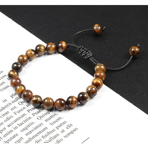 8mm Tiger Eye Stone Beads Bracelet Adjustable Braided Rope Bangles Natural Lava Rock Men Women Yoga Healing Balance Bracelets