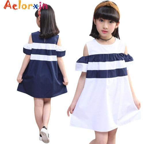 Kids Dresses For Girls Preppy Style Off Shoulder Girls Dresses Cotton Striped Teenage Princess Party Dress 4 5 7 9 11 13 14Years