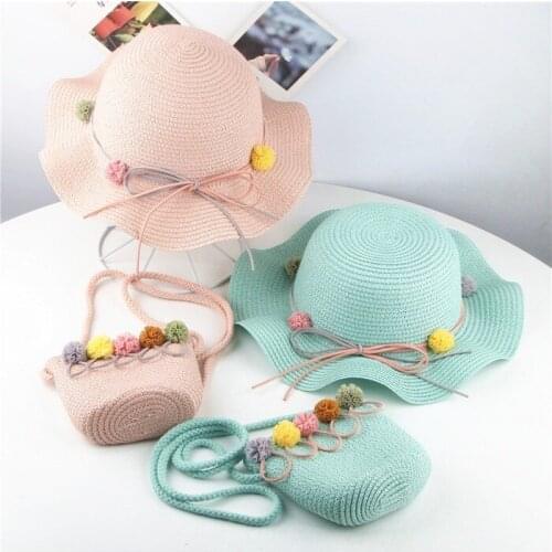 Childrens Sunshade Fisherman Hat Summer Seaside Weave Children Straw Hat + Bag Girls Beach Sunscreen Hat Children Bag Gift