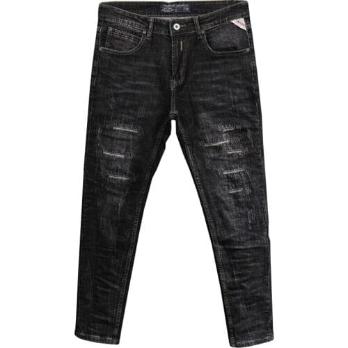 Jeans Black Gray Destroyed Ripped Jeans Men Italian Style Fashion Embroidery Patchwork Denim Pants StreetwearHip Hop Jeans Homme