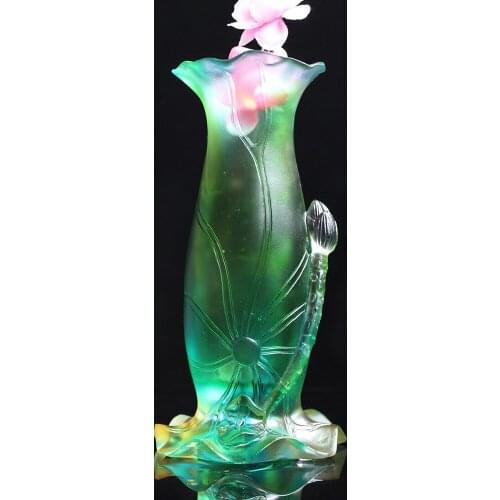 Height 18CM Elegant Green Colored Glaze Crystal Lotus Flowers Figurine Vase Beautiful Pastoral Crafts Living Room Home Decors