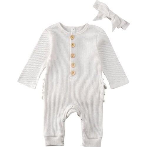 Newborn Baby Girls Boys Autumn Winter Clothes Knitted Button long sleeve round neck Romper solid Bow Headband 2pc cotton Outfits