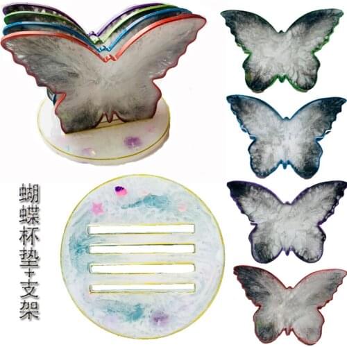 L0015 Free Sample DIY Shiny Resin 4 Pcs Creative Beauty Butterfly Silicone Coaster Molds Set With Holder