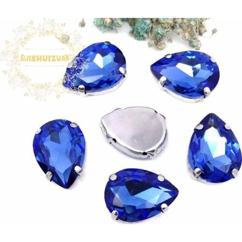 Light Sapphire Water droplet Crystal Glass Sew-on Rhinestones with claw DIY Womens Dresses and clothes13*18 10*14 7*10 18*25
