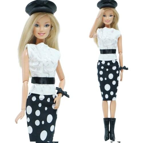 Fashion Lady Dress Elegant Classic Black White Outfit Hat Boots Shoes Daily Wear Clothes for Barbie Doll Accessories Set Toy