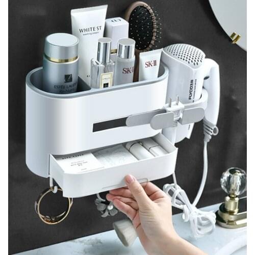 Wall Mounted Bathroom Shelf Hair Dryer Rack Hanging Makeup Cosmetics Storage Drawer Rack Hair Dryer Holder Fixture MJ81105