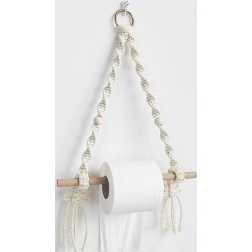Nordic Braided Rope Hanging Paper Holder Wooden Stick Rack Wall Mounted Tissue Paper Roll Organzier Shelf for Bathroom Kitchen