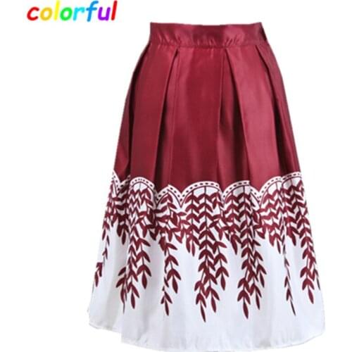 New Fashion 2016 Spring Satin Skirt Women Vintage Casual Painting Printed Ball Gown Elegant Pleated High Waist Midi Skirt SK038