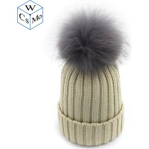 New Winter Bling Pompom Beanies Hats Real Pom pom Movable Caps For Adults Women Men Beanie Warm Knitted Hat Skullies