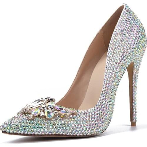 Bridesmaid Shoes Blingbling Crystal AB Rhinestone Wedding Shoes Butterfly Button Pointed Toe Bridal Banquet Pumps True Size 9