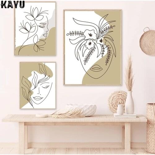 One Line Drawing Abstract Female Face Portraits with Flowers Minimalist Posters Prints Wall Pictures for Living Room Home Decor