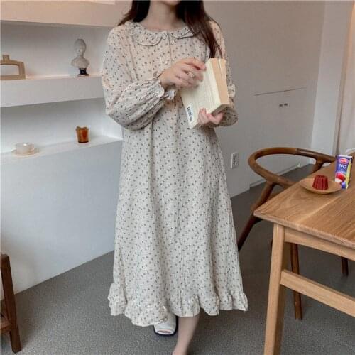 Autumn winter all-cotton nightgown long sleeve print dress home clothes peter pan collar loose cute nightdress ruffles Y209