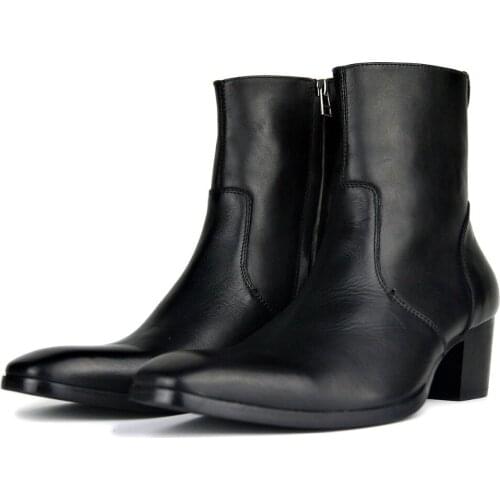 OTTO Handmade Genuine Cow Leather Red Bottom High Heels Square Toe Mens Mid Calf Boots Men Party Boots Increase Height 5CM