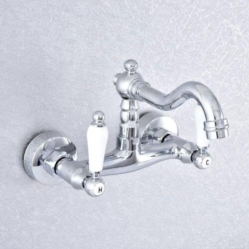 Polished Chrome Brass Wall Mounted Bathroom Kitchen Basin Sink Swivel Faucet Mixer Tap Double Ceramic handle