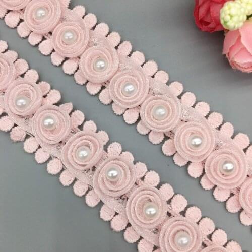 50X 2.5cm Width Pink Pearl Flowers Chiffon Embroidered Lace Trim Ribbon Fabric Handmade DIY Garment Sewing Craft Decoration