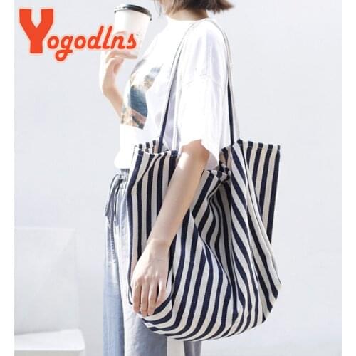 Yogodlns Casual Stripe Canvas Totes Bag Women Large Capcity Handle Bag Simple Shoulder Bags Shopping Lady Handbag Totes Bolsas