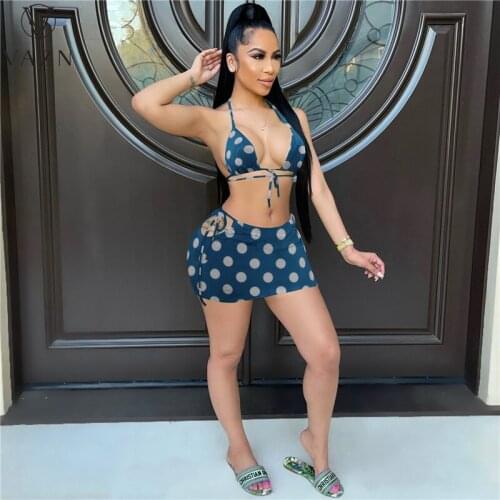 VAZN 2021 Bikini Swimming Special Bandage 2 Piece Set Boho Beach Summer Women Sleeveless Top And Mini Skirt