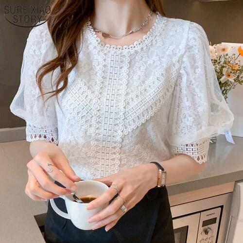 2021 Summer Shirt Short Sleeve Womens Lace Splicing Blouse Hollow Out Loose Ladies Top Puff Sleeve Womens Top and Blosue 14408