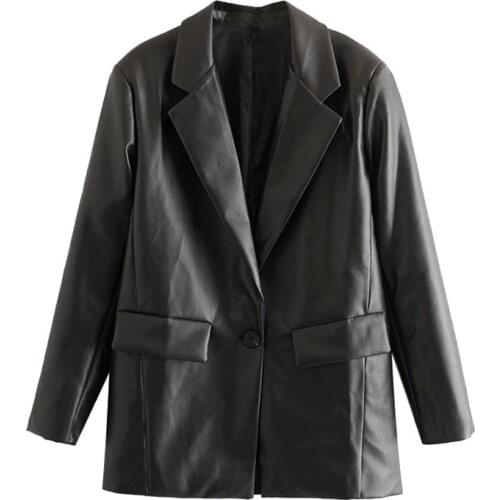 Female Outerwear Chic Tops Women Fashion Pu Faux Leather Loose Blazer Coat Vintage Pockets Long Sleeve Back
