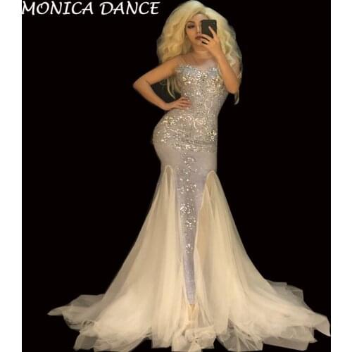 Women Sexy Stage Sparkly Stones White Mesh Long Dress Womens Birthday Party Celebrate Slim Dress Women Dance Net Yarn Dress