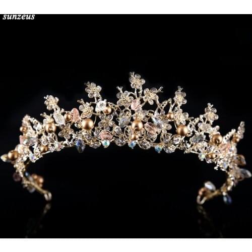 Gold Baroque Bridal Crown Beautiful Flowers Branch Wedding Tiara Pearls Crystal Headwear SQ0280