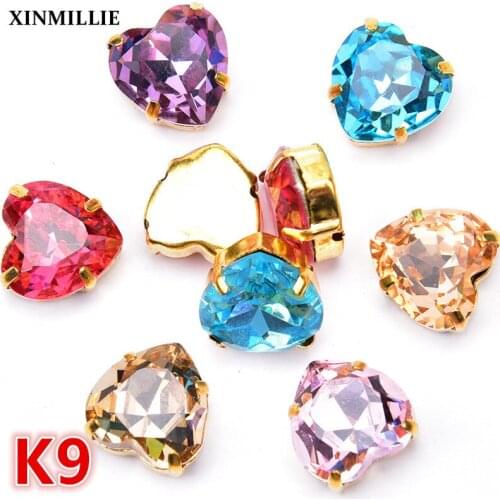 30pcs K9 Rhinestones Mix Color Crystal 10mm Heart With Gold Claw Setting Sewing For Wedding Dress Decoration Strass Button DIY