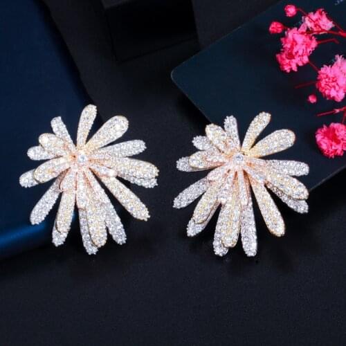 CWWZircons 3 Tone Gold Multi Layer Firework Flower Cubic Zirconia Big Luxury Earrings for Women Wedding Bridal Jewelry CZ887