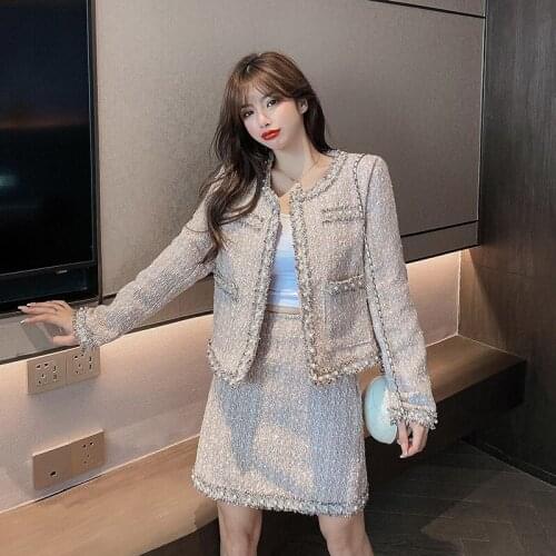 FONELY FAIRY Autumn Winter Female Elegant Fashion Temperament Plaid Tweed Jacket High Waist Aline Mini Skirt Suit Women