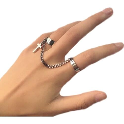 Double Finger Chain Rings for Women Ring Set Tassel Cross Punk Rings Jewelry Ladies Fashion HipHop Jewelry 6cm Chain