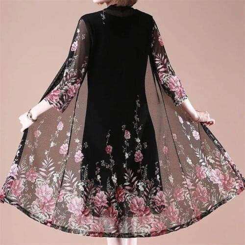 Suit/Single Piece Plus Size Women Print Cardigan Jacket And Dress Mother Half Sleeves Two Piece Suit Mom Summer Dress Elegant 45