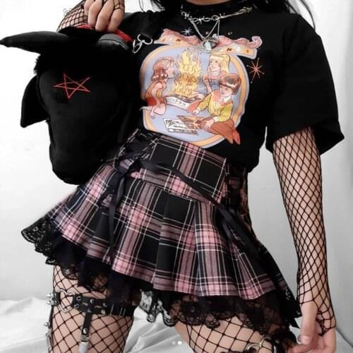 High Waist Mini Goth Skirts Woman Y2K Aesthetic Vintage Lace Patchwork Plaid Skirt Gothic Dark Tie Up Pleated Skirt