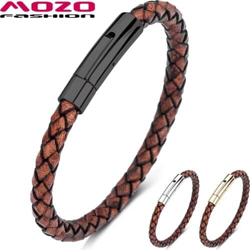MOZO FASHION New Unisex Charm Bracelets Casual Genuine Brown Leather Braided Bracelets Trendy Classic High Quality Jewelry 613