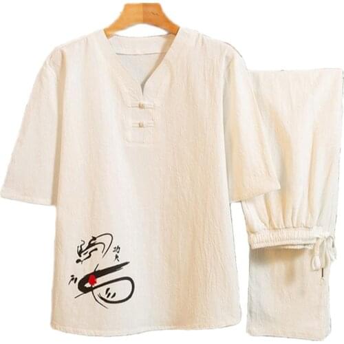 Mens Clothing Fashion Tracksuit Husband Summer Suit New Chinese Style Cotton Linen t-shirt Pant Male Set Size M-4XL