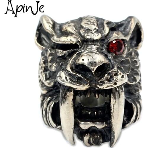Apinje Vintage S925 Sterling Silver Rine for Men Red Stone Leopard Tiger Exaggerated Man Punk Rings Fine Mens Jewelry