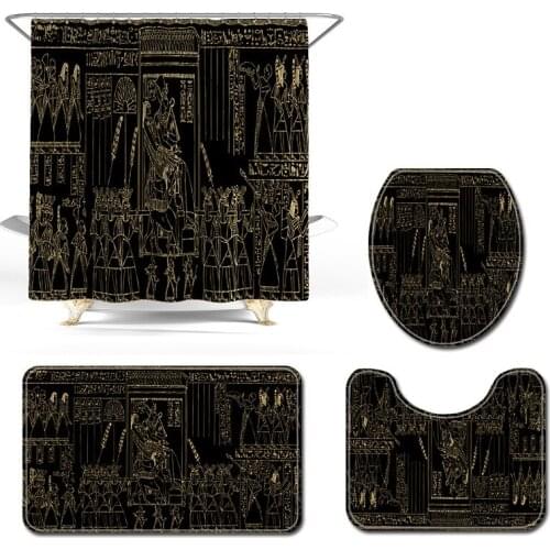 3Pcs Bath Mats Bathroom Carpet Egyptian fresco pattern Coral velvet washable toilet seat bathroom mat set Shower curtain