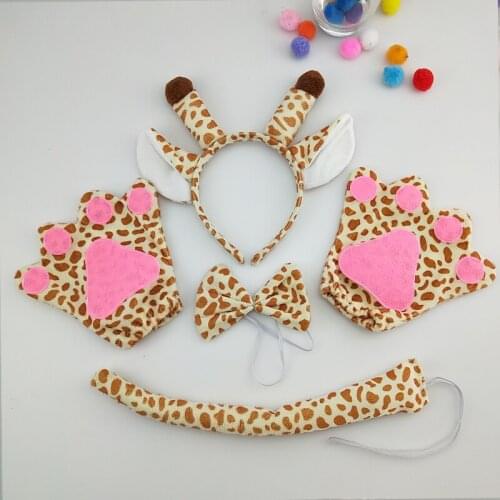 Boy Girl Animal Ear Giraffe Headband Bow Tie Tail Gloves Cosplay Set Birthday Party Gift Costume for Kids Halloween Christmas