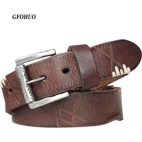 Top Cow genuine leather belts for men jeans Do old rusty pin buckle retro vintage mens male cowboy belt ceinture homme