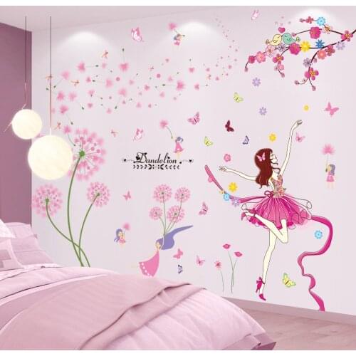 [shijuekongjian] Cartoon Girl Dancer Wall Stickers DIY Pink Trees Flowers Mural Decals for Kids Rooms Baby Bedroom Decoration