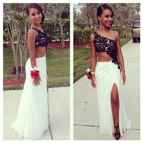 Hot Sexy charming Black and White Lace Prom party gown 2018 One shoulder Vestido de festa custom Side slit bridesmaid dresses