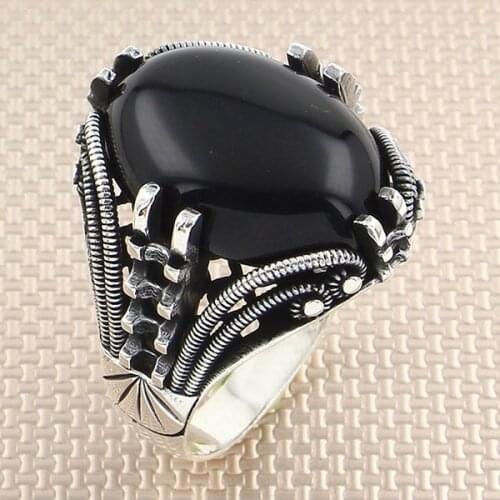 Modern Trend Oval Black Onyx Gemstone Silver Ring Men Silver Ring Made in Turkey Solid 925 Sterling Silver
